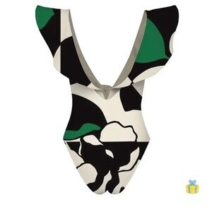 Bold Black and Green One-Piece with V-Neck Ruffle